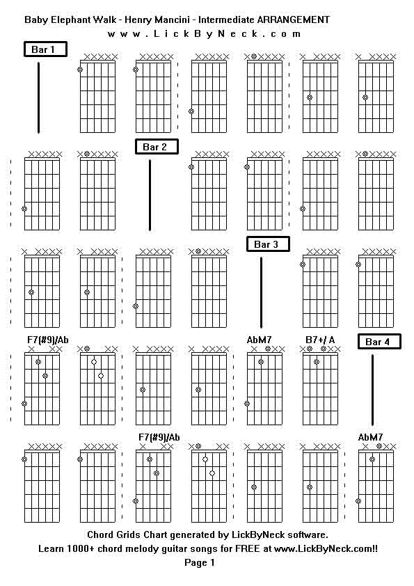 Chord Grids Chart of chord melody fingerstyle guitar song-Baby Elephant Walk - Henry Mancini - Intermediate ARRANGEMENT,generated by LickByNeck software.